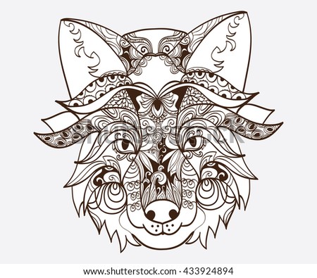 Zen art Fox in doodle style, coloring page, vector