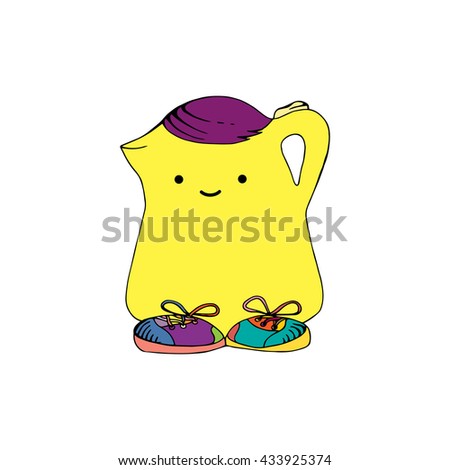 Breakfast theme with kitchen cartoon elements.  tea pot graphic illustration. Tea pot with face and eye.