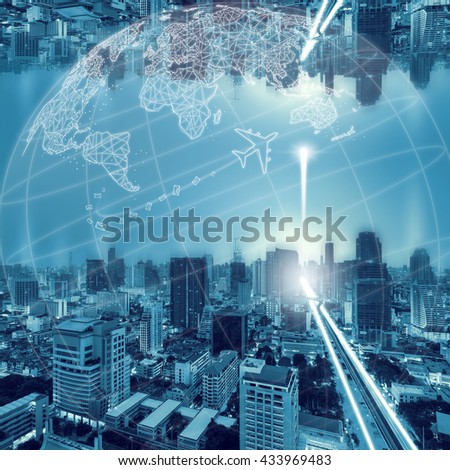 Bangkok city night and network connection concept.