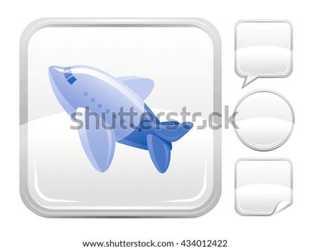 Sea beach and travel icon with flying airplane  and other blank button forms - speaking bubble, circle, sticker