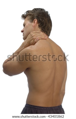 Topless male athlete with neck pain