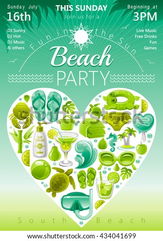 Beach party invitation design in green and mint color with sea travel icons in heart