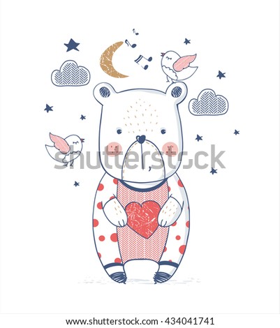Hand drawn vector illustration of cute Teddy bear in the night