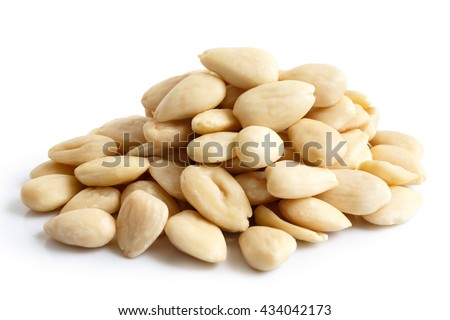 Pile of peeled whole almonds isolated on white. Royalty-Free Stock Photo #434042173
