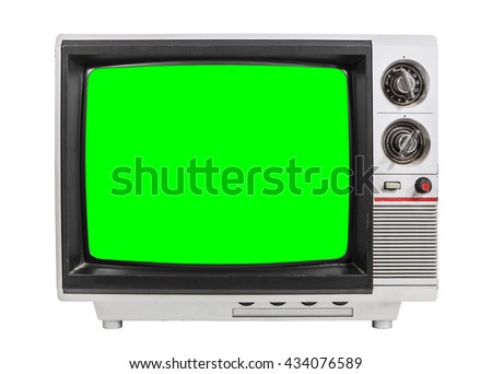 Old television isolated on white with chroma green screen.