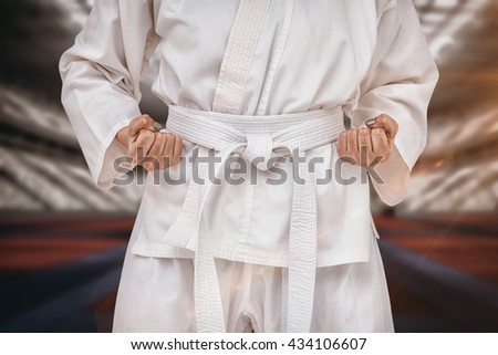 Fighter performing karate stance against digitally generated image of stadium