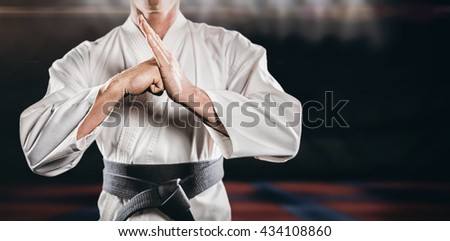 Fighter performing hand salute against view of a playing field indoor Royalty-Free Stock Photo #434108860