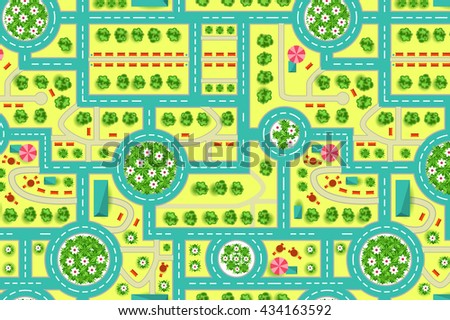 Map of a top view from the city. Road and trees pattern for kids wall or floor interior design.