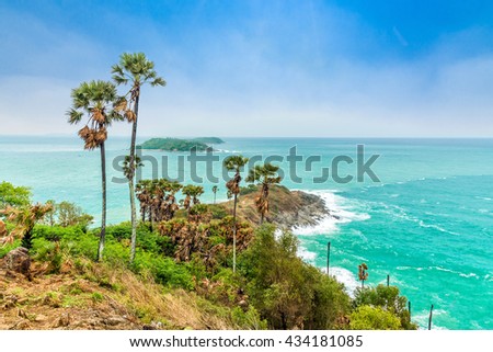 Phromthep Cape, Beautiful Andaman sea view in Phuket island, Thailand. Blue sky and turquoise color sea. Royalty-Free Stock Photo #434181085