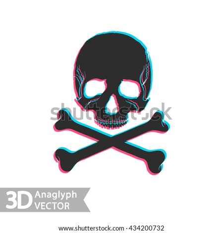 Flat style skull and bones with stereoscopic anaglyph effect. Vector icon
