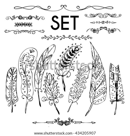  Set decorative pattern feathers. Doodle, stylized image of bird feathers. Bo-ho style. Template for printing onto fabric, wrapping paper, textiles.