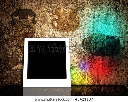 Photo of frame against abstract grunge shabby background with retro vases images and rainbow