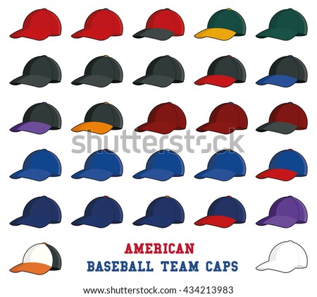 Collection of baseball cap icons with team colors of american professional league