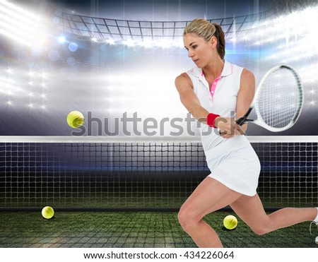 Athlete playing tennis with a racket against american football arena