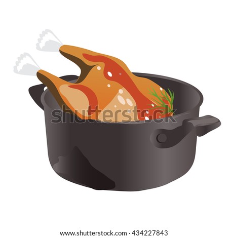 Baked chicken in a cast iron pan. Vector.
