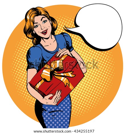 Woman hold gift box. Thank you speech bubble. Vector illustration in retro comic pop art style. Beautiful girl with christmas or birthday gift.