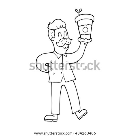 freehand drawn black and white cartoon man with coffee cups