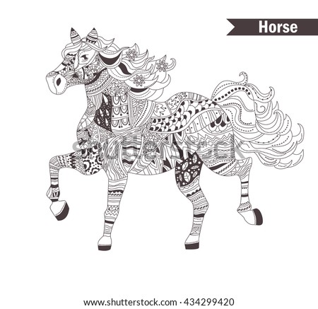 Horse. Zentangle style. Coloring book for adult, antistress coloring pages. Hand drawn vector isolated illustration on white background. Henna mehendi, tattoo sketch.