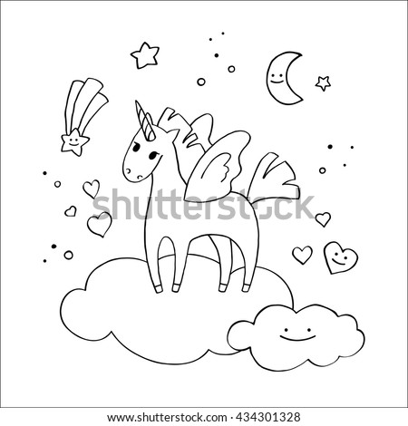 Winged Unicorn in the clouds in hand-drawn style. Coloring pages for kids. Contour vector illustration.