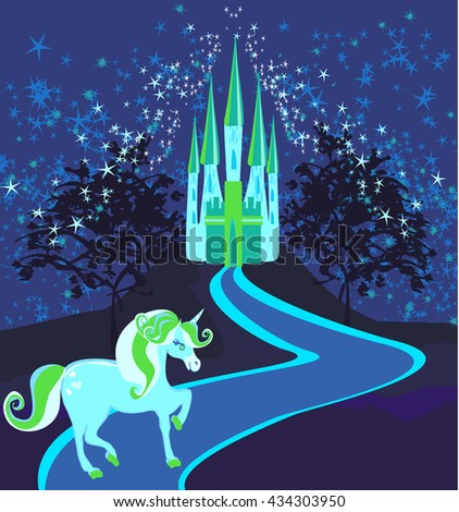Fairytale landscape with magic castle and unicorn 