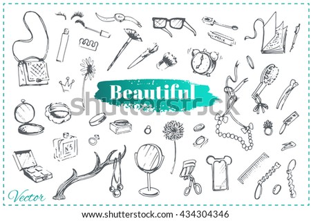 hand-drawn icons cosmetics, jewelry and flowers. isolated vector. vintage. for the design of women's sites, certificates and cards. brushstroke. beautiful