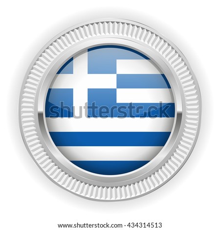 Greek flag buttons with silver border on white background