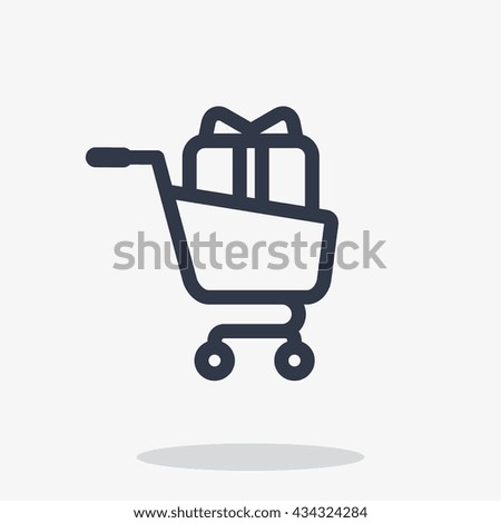 Shopping cart with gift. Objects isolated on background. Flat and cartoon vector illustration.