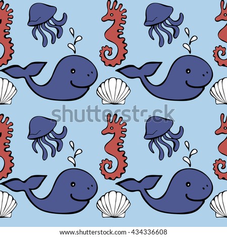 Cute seamless sea pattern . Hand drawn vector illustration.