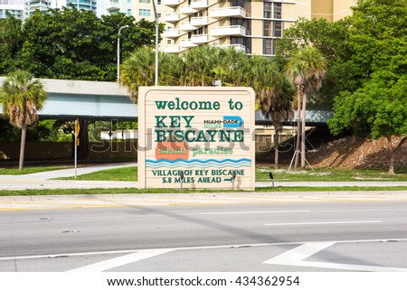 Key Biscayne signage on street for special bicycle road on Rickenbacker causeway for Key Biscayne. Near the ocean and Virginia Key. Miami. Florida. USA.  Miami neighborhood.