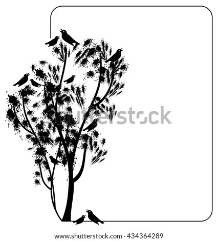 Silhouette of the trees with singing birds drawn by hand. Raster clip art.
