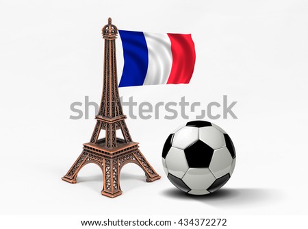 Bronze Eiffel Tower model with french flag and soccer ball, isolated on white background. Concept for football championship