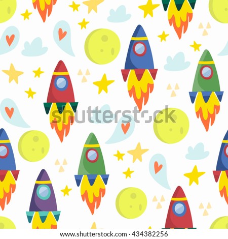 Vector seamless pattern of space, rockets, stars, moon and clouds