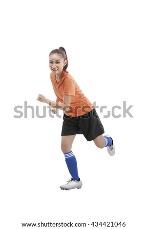 Image of female soccer player running isolated over white background
