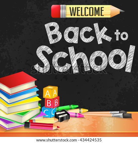 Welcome Back to School Text Written on Black Board Textured Background with Books and School Supplies
