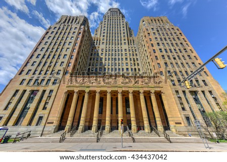 Buffalo City Hall, the seat for municipal government in the City of Buffalo, New York. Located at 65 Niagara Square, the 32 story Art Deco building was completed in 1931 by Dietel, Wade & Jones.