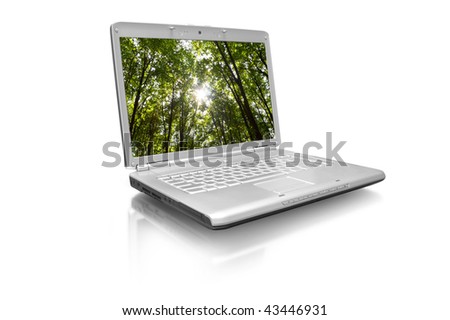 One grey laptop with the black screen on white background