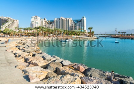 The main pier in Eilat city - famous resort city in Israel Royalty-Free Stock Photo #434523940