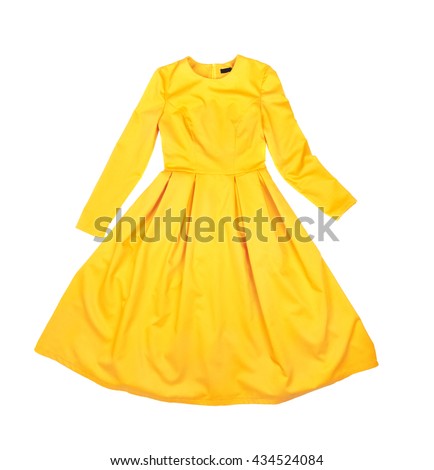 Bright beautiful classic elegant yellow dress isolated on white background closeup Royalty-Free Stock Photo #434524084