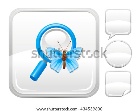 Ecological and environment protection icon with magnifying glass and butterfly and set of other blank buttons. Speaking bubble, circle, sticker