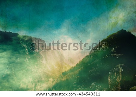 Vintage landscape painting on canvas . grunge style autumn mountain Royalty-Free Stock Photo #434540311