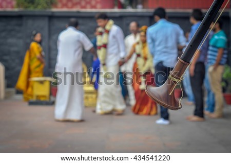 A special kind of flute music instrument in South Indian Wedding. This tribal flute  is south Indian version of the Indian flute (common musical instrument in India, Pakistan). Royalty-Free Stock Photo #434541220