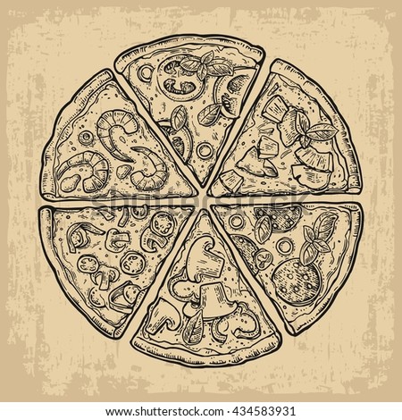 Set slice pizza Pepperoni, Hawaiian, Mexican, Seafood. Vintage vector engraving illustration for poster, menu, box. Isolated on beige background