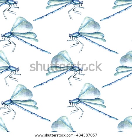 Hand drawn watercolor dragonfly illustration. Drawing isolated on the white background. Dragonfly illustration. seamless pattern