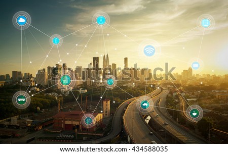smart city and wireless communication network, abstract image visual, internet of things Royalty-Free Stock Photo #434588035