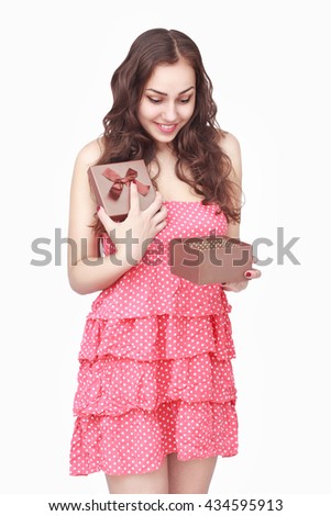 Happy woman in pink dress