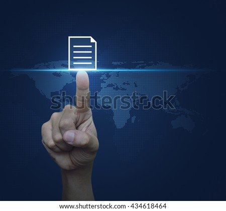 Hand pressing document icon over digital world map blue background, Elements of this image furnished by NASA