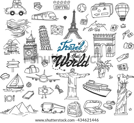 Hand drawn collection of the travel doodles. Different places, buildings and sights: Eiffel Tower, Big Ben, Jesus statue and other.