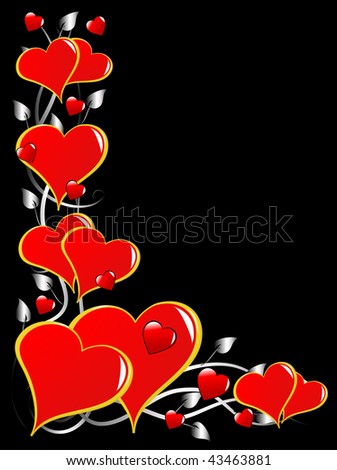 A red hearts Valentines Day Background with red hearts on a silver vine with a black background