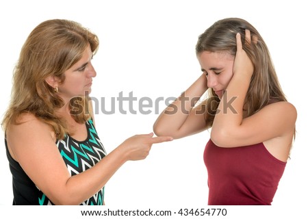 Family problems, Teenager conflict - Mother arguing with her teenage daughter who covers her ears - Isolated on white