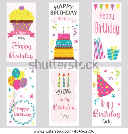 Happy Birthday Invitation Card.Birthday Greeting Card.Welcome Birthday Party,Cake,Cup Cake,Balloons,Vector illustration.
